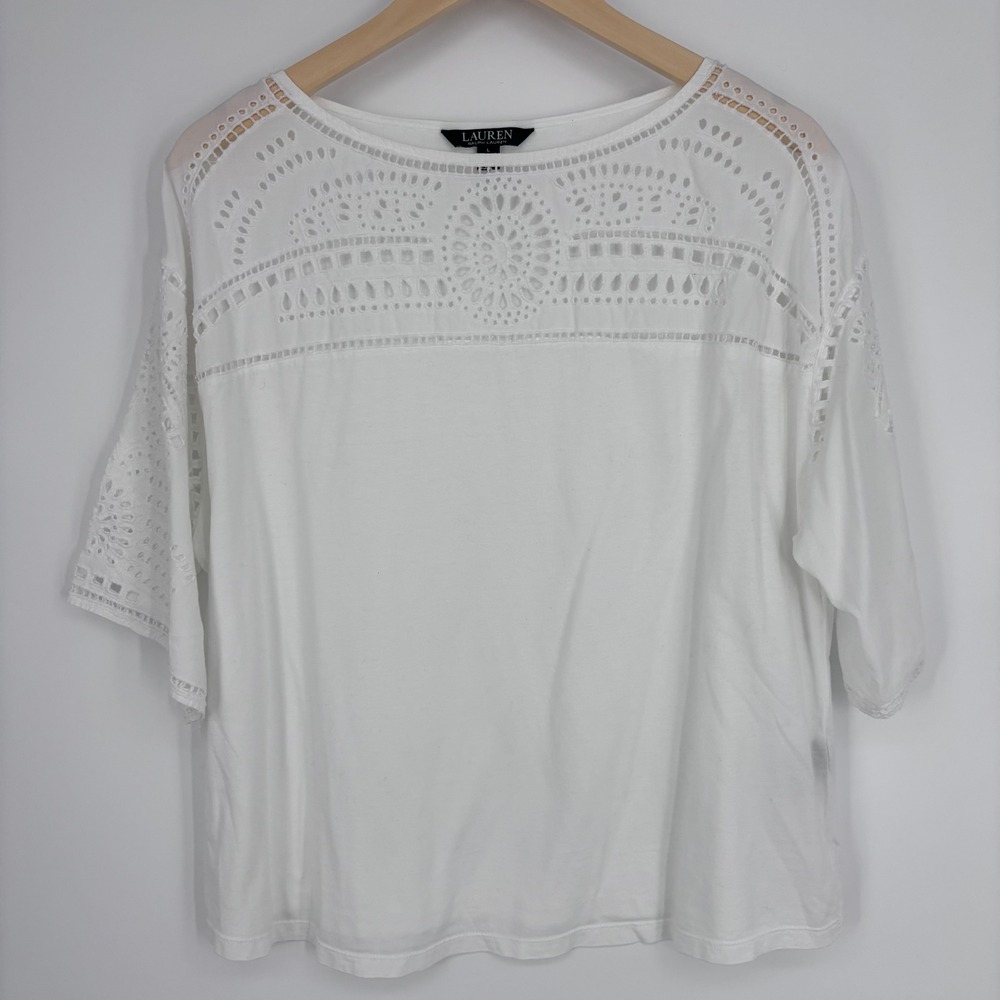 Lauren Ralph Lauren Top Womens L White Eyelet Lace Crochet Boho Summer Blouse
